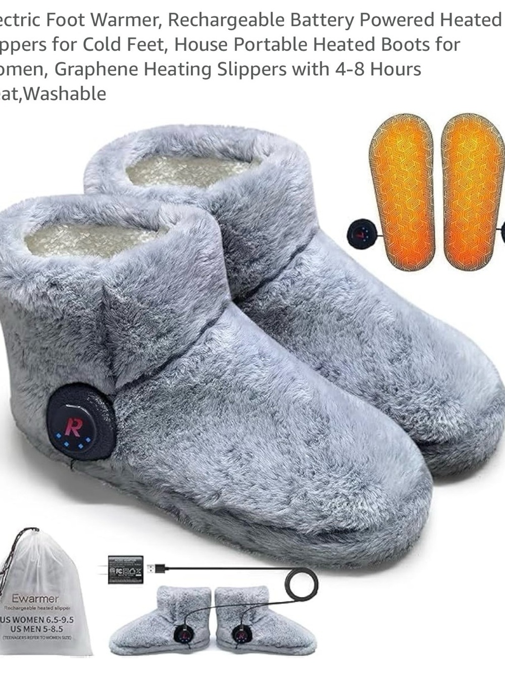 Ewarmer Rechargeable Heated Fuzzy Slipper Boots -Gray